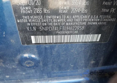 2020 Hyundai Elantra Se z USA, uszkodzony, nr VIN 5NPD74LF3LH622958